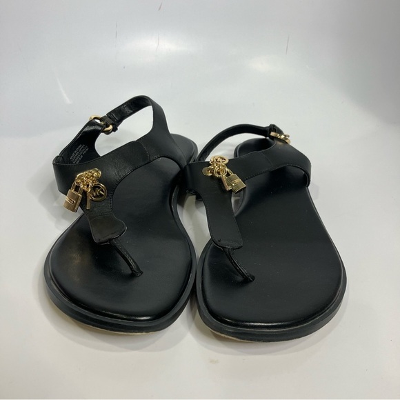 Michael Michael Kors black leather thong sandal gold lock charms size 8.5 - Picture 3 of 9